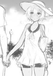Rule 34 | 10s, 1boy, 1girl, :/, bag, bare shoulders, bike shorts, black rock shooter, blush, bow, breasts, clock, cloud, couple, cowboy shot, dark skin, dress, embarrassed, frown, greyscale, hair between eyes, hat, hat bow, hetero, holding hands, looking at viewer, m-da s-tarou, monochrome, nose blush, outdoors, ribbon, short dress, short hair, shorts, shorts under dress, shorts under skirt, sketch, sky, small breasts, solo focus, standing, strength (black rock shooter), sun hat, sweat, tree