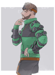Rule 34 | 1boy, angel city hustler mirage, animification, apex legends, black pants, border, brown eyes, brown hair, chain, dark-skinned male, dark skin, dated, facial hair, fingerless gloves, gloves, goatee, goggles, goggles on head, gold chain, green gloves, green jacket, grey background, hand on own hip, hand on own chin, highres, jacket, male focus, mirage (apex legends), mudu, official alternate costume, pants, solo, twitter username, undercut, walking, white border