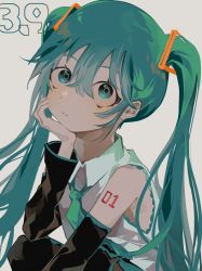Rule 34 | 1girl, 39, arm tattoo, black legwear, black sleeves, blue eyes, blue hair, blue necktie, closed mouth, collared shirt, commentary, detached sleeves, expressionless, grey background, hatsune miku, highres, long hair, looking at viewer, necktie, shirt, simple background, sleeveless, sleeveless shirt, solo, squatting, tattoo, toasu, twintails, upper body, vocaloid, white shirt