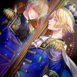 Rule 34 | 2boys, ascot, blonde hair, blue eyes, blue shirt, closed mouth, crown, facing another, hakuseki, highres, indie utaite, looking at viewer, looking down, male focus, mirror, multiple boys, niconico, reflection, shaded face, shirt, smile, valshe