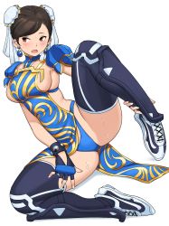 Rule 34 | 1girl, alternate legwear, armor, black gloves, black thighhighs, blue dress, blue panties, blush, breasts, brown eyes, brown hair, bun cover, capcom, chun-li, clothing aside, double bun, dress, fingerless gloves, full body, gloves, greaves, hair bun, highleg, highleg panties, highres, knee pads, leg lift, looking away, medium breasts, narrow waist, no bra, official alternate costume, on ground, open mouth, panties, pelvic curtain, pelvic curtain aside, puffy short sleeves, puffy sleeves, revealing clothes, shigenobu, shoes, short hair, short sleeves, sideboob, sneakers, solo, spread legs, street fighter, street fighter v, studded bracelet, sweat, swept bangs, thick thighs, thighhighs, thighs, underwear, white background