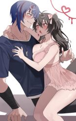 Rule 34 | 1boy, 1girl, absurdres, ahoge, bandaged arm, bandages, bare shoulders, black hair, black pants, blood, blood on breasts, blood on face, blue hair, blue shirt, blush, bow, bracelet, breasts, camisole, cleavage, collarbone, commentary, dog tags, fangs, feet out of frame, hair between eyes, hair bow, hand on another&#039;s chest, highres, hug, jewelry, large breasts, lingerie, long bangs, looking at another, lvemhrd, multicolored hair, navel, open mouth, original, pants, pink bow, pink camisole, red eyes, red hair, see-through, see-through camisole, shirt, short hair, simple background, streaked hair, sweatdrop, thighs, two side up, underwear, vampire, white background