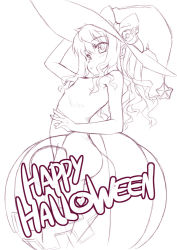Rule 34 | 1girl, aoi kumiko, copyright request, flat chest, halloween, happy halloween, hat, jack-o&#039;-lantern, monochrome, pumpkin, pumpkin costume, sketch, solo, topless, white background, witch hat