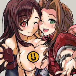 Rule 34 | 1990s (style), 2girls, ;), ;d, aerith gainsborough, black hair, blush, breast press, breasts, breasts out, brown hair, censored, censored nipples, cropped jacket, deep skin, elbow pads, final fantasy, final fantasy vii, fingerless gloves, gloves, green eyes, hair ribbon, large breasts, long hair, multiple girls, novelty censor, one eye closed, open mouth, pink ribbon, red eyes, red gloves, retro artstyle, ribbon, silver background, simple background, smile, smiley face, suspenders, symmetrical docking, takahiro (rikky), tifa lockhart, upper body