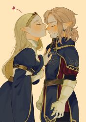 Rule 34 | 1boy, 1girl, belt, blonde hair, blue dress, blush, breasts, bridal gauntlets, closed eyes, closed mouth, couple, dress, ear blush, earrings, from side, gloves, hair behind ear, hand on another&#039;s chest, heart, hetero, high collar, highres, jewelry, kiss, kissing nose, light brown hair, link, long hair, low ponytail, military uniform, nintendo, official alternate costume, pointy ears, princess, princess zelda, profile, royal guard set (zelda), sidelocks, simple background, small breasts, sweatdrop, the legend of zelda, the legend of zelda: breath of the wild, tiara, turippy, uniform, upper body, white gloves, wide sleeves