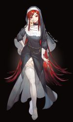Rule 34 | 1girl, absurdres, black background, black dress, black theme, breasts, collar, dated, dress, flower, full body, habit, hand on own hip, harrymiao, highres, holding, holding sword, holding weapon, lily (flower), long dress, long hair, long sleeves, looking at viewer, nun, original, puffy long sleeves, puffy sleeves, red eyes, red hair, short sword, side slit, sidelocks, signature, solo, straight hair, swept bangs, sword, thigh strap, thighhighs, very long hair, walking, weapon, white flower, white thighhighs