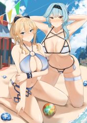 Rule 34 | 2girls, absurdres, armpits, arms behind head, arms up, bare arms, bare shoulders, beach, bikini, blonde hair, blue bikini, blue eyes, blue hair, bow, breast hold, breasts, cameltoe, cleavage, day, eula (genshin impact), frown, genshin impact, groin, hair bow, hair over shoulder, hairband, halterneck, halterneck, highres, jean (genshin impact), jean (sea breeze dandelion) (genshin impact), kneeling, large breasts, long hair, looking at viewer, multiple girls, navel, nvl, o-ring, o-ring bikini, outdoors, ponytail, side-tie bikini bottom, sitting, skindentation, stomach, string bikini, sweatband, swimsuit, thigh strap, thighs, v-shaped eyebrows, wet, white bikini, yellow eyes