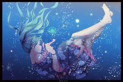 Rule 34 | 1girl, absurdres, aqua hair, artist name, bracelet, bubble, character name, chinese commentary, commentary request, dated, eurai, closed eyes, hair ribbon, hatsune miku, highres, japanese clothes, jewelry, kimono, no shoes, pink ribbon, ribbon, solo, thighhighs, twintails, underwater, vocaloid, white thighhighs