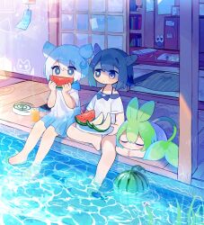 Rule 34 | 3girls, artist name, barefoot, blue bow, blue bowtie, blue dress, blue eyes, blue hair, bow, bowtie, bright pupils, closed eyes, closed mouth, commentary, cup, curled up, day, double bun, dress, drinking glass, eating, ekami gumi (uenomigi), food, fruit, gradient dress, green hair, hair bun, highres, holding, holding food, holding fruit, holding plate, incense, leaf, mosquito coil, multiple girls, off-shoulder dress, off shoulder, original, outdoors, plant hair, plate, porch, short hair, short sleeves, sitting, sleeping, sliding doors, soaking feet, summer, symbol-only commentary, tail, uenomigi, water, watermelon, watermelon slice, white dress, white hair, white pupils, wind chime