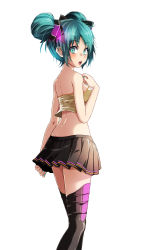 Rule 34 | 1girl, aqua eyes, black bow, black footwear, black skirt, blue hair, blue nails, boots, bow, breasts, crop top, double bun, hair bow, hair bun, hatsune miku, highres, looking at viewer, looking back, medium breasts, miniskirt, nail polish, open mouth, pleated skirt, project diva (series), sideboob, simple background, sing&amp;smile (vocaloid), skirt, sleeveless, small breasts, solo, standing, thigh boots, thighhighs, tsukishiro saika, vocaloid, white background, zettai ryouiki