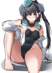 Rule 34 | 1girl, absurdres, aqua hat, barefoot, black one-piece swimsuit, black ribbon, blue eyes, breasts, cameltoe, competition swimsuit, elbow gloves, feet, garrison cap, gloves, grey hair, hair ornament, hair ribbon, hat, highleg, highleg swimsuit, highres, kantai collection, long hair, multicolored clothes, multicolored swimsuit, one-piece swimsuit, ribbon, scamp (kancolle), side ponytail, sigu1212, sitting, small breasts, solo, star (symbol), star hair ornament, swimsuit, thick thighs, thighs, toes, white gloves, white one-piece swimsuit