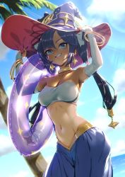 Rule 34 | 1girl, arms up, bandeau, bangle, bare shoulders, bikini, blue eyes, blue skirt, blue sky, bracelet, breasts, cleavage, collarbone, commentary request, cowboy shot, day, dutch angle, earrings, elbow gloves, fingerless gloves, genshin impact, gloves, grin, hair between eyes, hat, highres, innertube, jewelry, kionaoki, long hair, looking at viewer, medium breasts, mona (genshin impact), navel, neck ring, outdoors, purple hair, purple hat, see-through, see-through skirt, skirt, sky, smile, solo, standing, stomach, strapless, strapless bikini, swim ring, swimsuit, tan, tube top, twintails, very long hair, water, white bikini, white gloves, witch hat