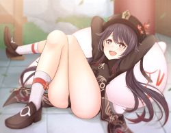 &gt; &lt;, 1girl, ass, atorie, blush, brown eyes, brown hair, chinese clothes, genshin impact, ghost, hat, highres, hu tao, jacket, legs, legs crossed, long hair, looking at viewer, open mouth, shiny, shiny hair, shiny skin, short shorts, shorts, smile, twintails, very long hair