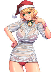 Rule 34 | 1girl, :q, bell, bikini, bikini under clothes, blonde hair, bracelet, breasts, choker, christmas, dungeons &amp; princess, green eyes, hat, huge breasts, jewelry, long hair, lots of jewelry, magaki ryouta, neck bell, red bikini, santa hat, see-through, shirt, simple background, solo, swimsuit, swimsuit under clothes, tongue, tongue out, v, wet, wet clothes, wet shirt, white background
