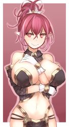 Rule 34 | 1girl, between breasts, blush, breasts, covered erect nipples, detached collar, female focus, ganesagi, gradient background, heart, heart-shaped pupils, large breasts, navel, pointy ears, ponytail, red eyes, red hair, short hair, smile, solo, symbol-shaped pupils