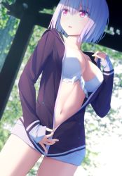 Rule 34 | 10s, 1girl, bikini, bikini top only, bikini under clothes, breasts, commentary request, cowboy shot, day, dutch angle, front-tie bikini top, front-tie top, goribote, gridman universe, hair between eyes, hood, hood down, hooded jacket, jacket, large breasts, long sleeves, navel, open clothes, open jacket, outdoors, parted lips, pink eyes, shade, shinjou akane, short hair, solo, ssss.gridman, swimsuit, torii, undressing, unzipping, white bikini, white hair