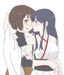 Rule 34 | 10s, 2girls, bad id, bad pixiv id, bare shoulders, black hair, blush, brown eyes, brown hair, detached sleeves, female focus, fusou (kancolle), hyuuga (kancolle), imminent kiss, kantai collection, long hair, multiple girls, red eyes, short hair, simple background, turtleneck, udon (shiratama), white background, yuri