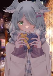 Rule 34 | 1girl, blue hair, blue scarf, blurry, blurry background, bow, box, breath, brown coat, brown sweater, city, coat, cross-shaped pupils, elira pendora, enpera, gift, green eyes, hair bow, hair ornament, hair over one eye, head wings, heart-shaped box, highres, holding, holding gift, kaga mimochi, long hair, long sleeves, nail polish, night, nijisanji, nijisanji en, outdoors, parted lips, plaid, plaid scarf, purple bow, scarf, smile, solo, sweater, symbol-shaped pupils, upper body, valentine, virtual youtuber, wings, x hair ornament