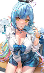 Rule 34 | 1girl, :d, bag, bangle, blue bow, blue hair, blue skirt, bow, bracelet, braid, braided bangs, breasts, cellphone, cleavage, collarbone, collared shirt, daifuku (yukihana lamy), diagonal-striped bow, diagonal-striped clothes, diagonal-striped necktie, dress shirt, hair ornament, hand up, himonoata, holding, holding phone, hololive, jewelry, large breasts, long hair, long sleeves, looking at viewer, multicolored hair, necktie, open mouth, phone, plaid, plaid skirt, pleated skirt, pointy ears, ponytail, school bag, school uniform, shirt, skirt, smile, solo, streaked hair, striped clothes, very long hair, virtual youtuber, white background, white shirt, x hair ornament, yellow eyes, yukihana lamy, yukimin (yukihana lamy)