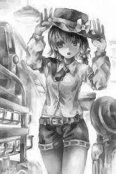 Rule 34 | 1girl, arms up, artist name, bad id, bad pixiv id, bow, greyscale, hair bow, hat, luggage, monochrome, nagayo, necktie, open mouth, ribbon, short hair, skirt, solo, touhou, usami renko