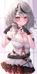 Rule 34 | 1girl, bare shoulders, belt collar, black gloves, blush, bow, braid, breasts, camisole, cleavage, collar, fingerless gloves, garter straps, gloves, hair ornament, heart, heart hands, heart necklace, highres, himexin, hololive, jewelry, looking at viewer, multicolored hair, necklace, plaid, plaid bow, plaid skirt, red eyes, sakamata chloe, sakamata chloe (1st costume), silver hair, skirt, solo, streaked hair, virtual youtuber, white camisole, x hair ornament