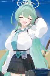 Rule 34 | 1girl, absurdres, ahoge, black gloves, black skirt, blue archive, blue necktie, blush, breasts, chankuro, closed eyes, collared shirt, cowboy shot, day, desert, facing viewer, gloves, green hair, hair between eyes, halo, highres, huge ahoge, huge breasts, long hair, long sleeves, necktie, open mouth, outdoors, pleated skirt, shirt, skirt, smile, solo, white shirt, yellow halo, yume (blue archive)