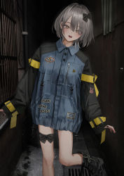 Rule 34 | 1girl, :d, absurdres, ankle boots, black bow, black footwear, black nails, blouse, blue shirt, blush, boots, bow, collared shirt, fingernails, gishiki (gshk), grey hair, hair bow, head tilt, highres, long sleeves, looking at viewer, nail polish, open mouth, original, profanity, raglan sleeves, shirt, sleeves past wrists, smile, solo, standing, standing on one leg, thigh bow, thigh strap, wing collar, yellow eyes
