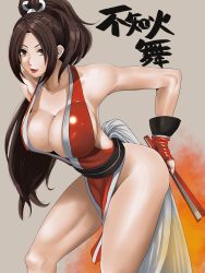 Rule 34 | 1girl, breasts, brown eyes, brown hair, character name, cleavage, fatal fury, highres, japanese clothes, large breasts, long hair, ponytail, shiranui mai, sideboob