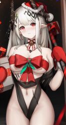 Rule 34 | 1girl, absurdres, arknights, bare shoulders, blush, bow, breasts, candy, candy cane, choker, christmas, cleavage, closed mouth, collarbone, cowboy shot, earrings, food, gift, gloves, hair ornament, hammer, hat, highres, horns, jewelry, large breasts, long hair, looking at viewer, material growth, mudrock (arknights), navel, nopetroto, oripathy lesion (arknights), pointy ears, red bow, red eyes, red gloves, red ribbon, ribbon, ribbon bra, ribbon choker, santa hat, sidelocks, solo, variant set, white hair