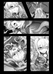Rule 34 | 1girl, ass, blush, bodysuit, breasts, cum, covered erect nipples, glasses, greyscale, highres, large breasts, long hair, m-da s-tarou, monochrome, open mouth, original, rape, skin tight, solo, tears, tentacles