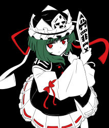 Rule 34 | 1girl, balancing, black background, black hat, black vest, closed mouth, cowboy shot, from above, green hair, hat, holding, juliet sleeves, long sleeves, looking at viewer, puffy sleeves, red eyes, ribbon-trimmed skirt, ribbon trim, rod of remorse, shiki eiki, shio (futatsumami), shirt, simple background, solo, touhou, v-shaped eyebrows, vest, white shirt, wide sleeves