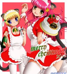 Rule 34 | 10s, 2012, 2girls, alcohol, animal ears, apron, back, bell, neck bell, blonde hair, blue eyes, blush, bow, cake, cat ears, cat tail, christmas, collar, dr rex, dress, food, fruit, hair ornament, holding, looking at viewer, looking back, maid, maid apron, maid headdress, multiple girls, open mouth, original, red dress, red hair, santa costume, smile, standing, strawberry, tail, thighhighs, white legwear, wine, wrist cuffs, yellow eyes, zettai ryouiki