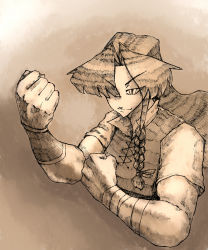 Rule 34 | 1girl, bandages, braid, clenched hand, clenched hands, female focus, hair over one eye, highres, hong meiling, light smile, long hair, millipen (medium), monochrome, muscular, muscular female, sepia, short sleeves, side braid, slit pupils, solo, touhou, traditional media, whiterock chilly
