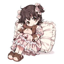 Rule 34 | 1girl, akagi miria, brown eyes, brown hair, child, hugging doll, dress, frilled pillow, frills, hug, mokarooru, hugging object, pajamas, pillow, plaid, short twintails, simple background, sitting, slippers, smile, solo, stuffed animal, stuffed toy, teddy bear, twintails, two side up, white background