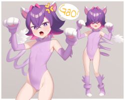Rule 34 | 1girl, anger vein, animal ears, animal hands, border, bright pupils, covered navel, creatures (company), detached sleeves, dot (pokemon), fang, game freak, gazing eye, gloves, grey background, hair between eyes, hair over eyes, hands up, highres, knees, leotard, looking at viewer, medium hair, mixed-language commentary, multiple views, nintendo, open mouth, paw gloves, paw pose, pokemon, pokemon (anime), pokemon horizons, purple eyes, purple hair, purple leotard, speech bubble, standing, sweatdrop, tongue, white border, white pupils
