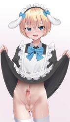 Rule 34 | 1boy, absurdres, animal ears, blonde hair, blue eyes, highres, lifted by self, maid, naughty face, penis, short hair, smile, testicles, trap