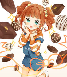 Rule 34 | 1girl, :d, brown hair, chocolate, drooling, green eyes, hood, hoodie, idolmaster, idolmaster (classic), looking at viewer, open mouth, overall skirt, sakuro, short hair, smile, solo, striped clothes, striped hoodie, takatsuki yayoi, twintails