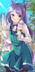Rule 34 | 1girl, :d, animal ears, black pantyhose, blue dress, blue ribbon, blurry, blurry background, blush, bow, commentary request, day, depth of field, dress, ear ribbon, food, holding, holding food, holding spoon, horse ears, horse girl, horse tail, ice cream, ice cream cone, long hair, long sleeves, looking at viewer, mejiro mcqueen (umamusume), open mouth, outdoors, pantyhose, purple bow, purple eyes, purple hair, ribbon, shirt, sleeveless, sleeveless dress, smile, solo, spoon, swept bangs, tail, tanabe, triple scoop, umamusume, very long hair, white shirt