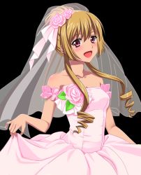 Rule 34 | 10s, 1girl, :d, aiba asagi, blonde hair, blush, breasts, bridal veil, cleavage, collarbone, dress, flower, hair flower, hair ornament, looking at viewer, medium breasts, open mouth, pink flower, red eyes, short hair with long locks, sidelocks, skirt hold, sleeveless, sleeveless dress, smile, solo, standing, strike the blood, transparent background, upper body, veil, wedding dress