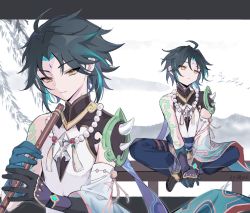 Rule 34 | 1boy, ahoge, aqua hair, arm tattoo, armor, asymmetrical clothes, bead necklace, beads, bird, black hair, closed mouth, commentary request, facial mark, flute, forehead mark, genshin impact, gloves, highres, holding, holding instrument, instrument, jewelry, male focus, multicolored hair, multiple views, necklace, railing, signature, sitting, spikes, tattoo, xiao (genshin impact), yellow eyes, yue (shemika98425261)