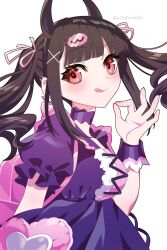 Rule 34 | 1girl, 4rion, absurdres, black hair, black hairband, blunt bangs, choker, commentary request, demon horns, denonbu, dress, earrings, fake horns, hair ornament, hair ribbon, hairband, hand up, heart, heart earrings, highres, horns, jewelry, long hair, looking at viewer, ok sign, pink ribbon, puffy short sleeves, puffy sleeves, purple choker, purple dress, red eyes, reml, ribbon, short sleeves, simple background, smile, solo, tongue, tongue out, twintails, white background, wrist cuffs, x hair ornament