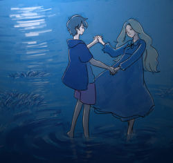 Rule 34 | 10s, 2girls, anna (omoide no marnie), barefoot, blonde hair, blue theme, brown hair, casual, dress, from side, full body, grass, holding hands, hood, hooded jacket, jacket, long hair, long sleeves, marnie (omoide no marnie), moonlight, multiple girls, night, omoide no marnie, rakkiyo, short hair, short sleeves, very short hair, water