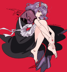 Rule 34 | 1girl, apron, barefoot, black dress, blunt bangs, closed mouth, demon girl, demon horns, demon tail, demon wings, dress, fingernails, from side, highres, horns, looking at viewer, looking to the side, maid, maid apron, maid headdress, messy hair, nail polish, original, pointy ears, purple hair, red background, red nails, signature, simple background, solo, tail, toenail polish, toenails, umishima senbon, white apron, wings