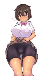 1girl :&gt; bike_shorts black_legwear black_shorts blush breasts brown_skirt cameltoe closed_mouth clothes_lift dark-skinned_female dark_skin female_focus from_below hair_between_eyes highres large_breasts lifting_own_clothes looking_at_viewer original pleated_skirt school_uniform short_hair shorts shorts_under_skirt simple_background skirt skirt_lift solo upskirt watari1118 white_background