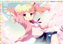 Rule 34 | 10s, 1girl, :d, absurdres, alice cartelet, artist name, bag, between breasts, blonde hair, blue eyes, blue skirt, blush, bow, bowtie, breasts, cardigan, cherry blossoms, dutch angle, hair ornament, hairpin, highres, kin-iro mosaic, lens flare, open cardigan, open clothes, open mouth, outdoors, outstretched arms, petals, pleated skirt, red bow, red bowtie, satchel, school uniform, shiratama (shiratamaco), skirt, smile, solo, star (symbol), striped bow, striped bowtie, striped clothes, striped neckwear, thighhighs, twintails, white thighhighs, wind