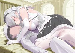 Rule 34 | 1boy, 1girl, absurdres, azur lane, black skirt, blush, breasts, classic (zildjian33), commander (azur lane), dress, elbow gloves, faceless, faceless male, flower, frilled dress, frilled skirt, frilled sleeves, frills, gloves, grey hair, hair flower, hair flowing over, hair ornament, highres, indoors, large breasts, long hair, long sleeves, looking at another, maid, maid headdress, on bed, on person, open mouth, pants, pantyhose, red eyes, scylla (azur lane), shirt, sideboob, skirt, white flower, white gloves, white pants, white pantyhose, white shirt