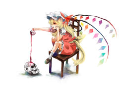 Rule 34 | 1girl, blonde hair, blood, bow, chair, cup, embodiment of scarlet devil, female focus, flandre scarlet, frea, full body, hat, head rest, long hair, red eyes, shoes, simple background, sitting, skull, socks, solo, teacup, touhou, white background, wings
