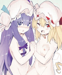 Rule 34 | 2girls, ;d, bad id, bad source, bad twitter id, blonde hair, blue bow, blush, bow, breasts, cropped, flandre scarlet, groin, hair between eyes, hair bow, hat, hat ribbon, highres, holding hands, interlocked fingers, long hair, looking at viewer, mob cap, multiple girls, navel, nipples, nose blush, nude, one eye closed, open mouth, out-of-frame censoring, patchouli knowledge, purple eyes, purple hair, red eyes, ribbon, sawayaka samehada, small breasts, smile, sweatdrop, third-party edit, touhou, very long hair, white hat