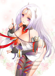 Rule 34 | 1girl, babydoll, bracelet, breasts, closers, elbow gloves, female focus, fingerless gloves, floral background, gloves, horns, jewelry, large breasts, leaning forward, levia (closers), long hair, ofuda, open mouth, pointy ears, pping, purple eyes, red ribbon, ribbon, shiny clothes, silver hair, simple background, solo