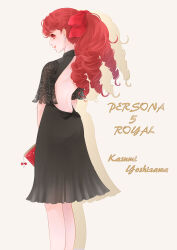 Rule 34 | 1girl, alternate costume, alternate hairstyle, backless outfit, bag, black dress, bow, character name, closed mouth, clothing cutout, commentary request, curly hair, dress, english text, formal, hair bow, handbag, highres, holding, holding bag, lips, long hair, looking at viewer, persona, persona 5, persona 5 the royal, pink lips, ponytail, qoo1234, red bag, red bow, red eyes, red hair, see-through, see-through sleeves, short sleeves, smile, solo, white background, yoshizawa kasumi